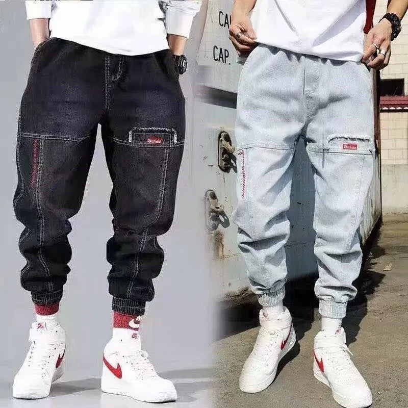 Plus size wide leg harem casual pants for men in black denim with tie closure mid-waist