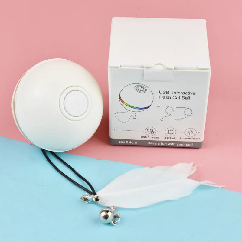 USB rechargeable electric cat toy with LED light-up ball and rotating feather attachment