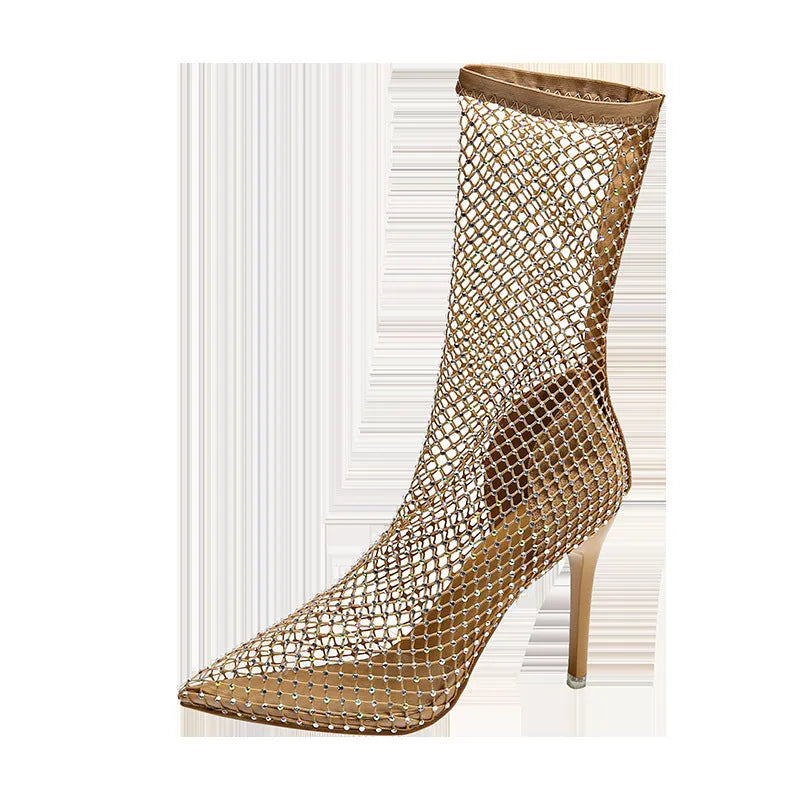 Gold mesh pointed-toe stiletto high-heel sandals with a rubber sole.