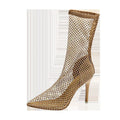 Gold mesh pointed-toe stiletto high-heel sandals with a rubber sole.