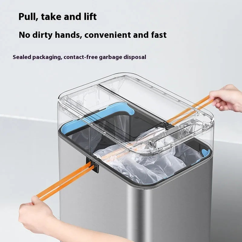 Stainless steel square automatic trash can with induction lid open.