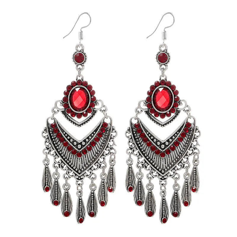 Purple retro drop earrings with long fringe tassels and ethnic design elements