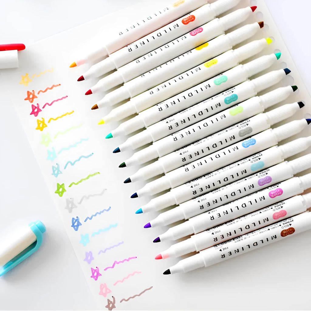 Double-headed colour marker pen with fine and broad tips, available in 42 shades including fluorescent and seasonal colours