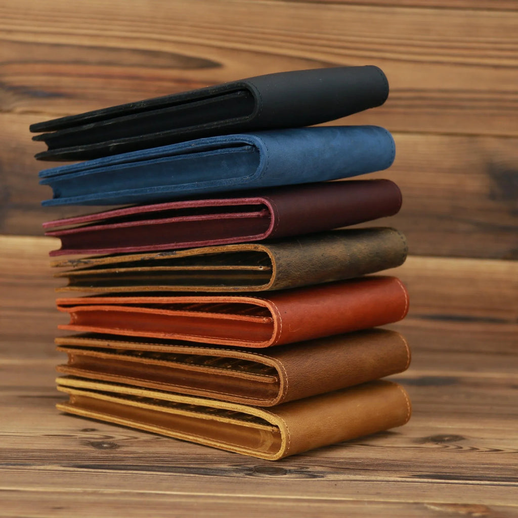 Men's slim leather card holder wallet with multiple card slots and a mobile phone pocket.