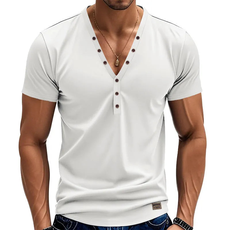 Men's loose V-neck T-shirt with button detailing in Chemical Fibre blend fabric
