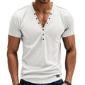 Men's loose V-neck T-shirt with button detailing in Chemical Fibre blend fabric