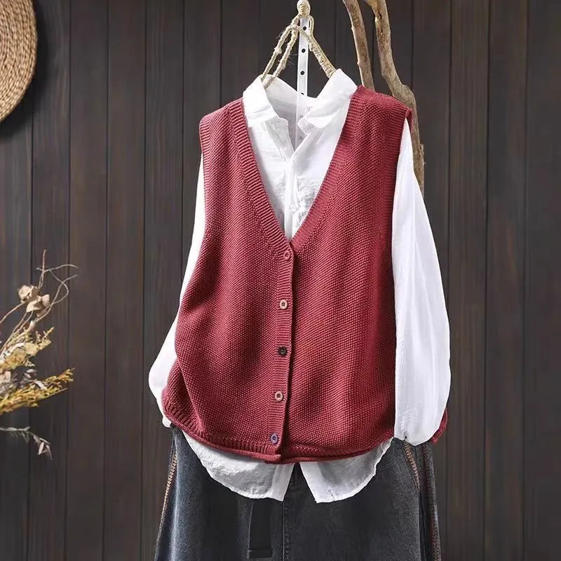 Women's v-neck solid colour buckle knitted cardigan vest in chenille fabric