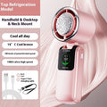 Blue handheld folding electric fan with USB charging port and adjustable speed settings.