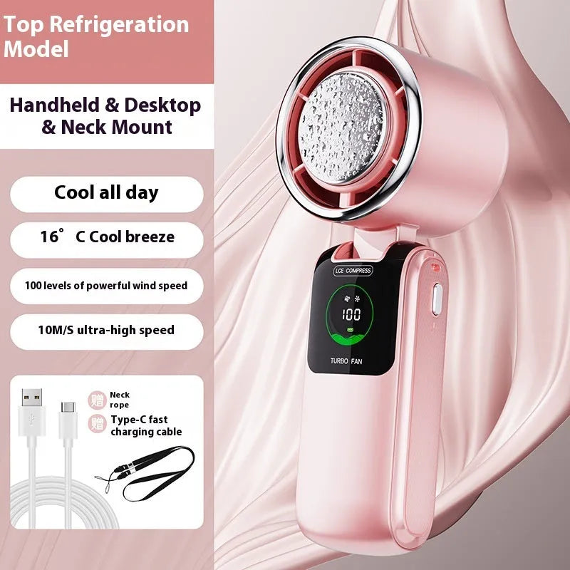 Blue handheld folding electric fan with USB charging port and adjustable speed settings.