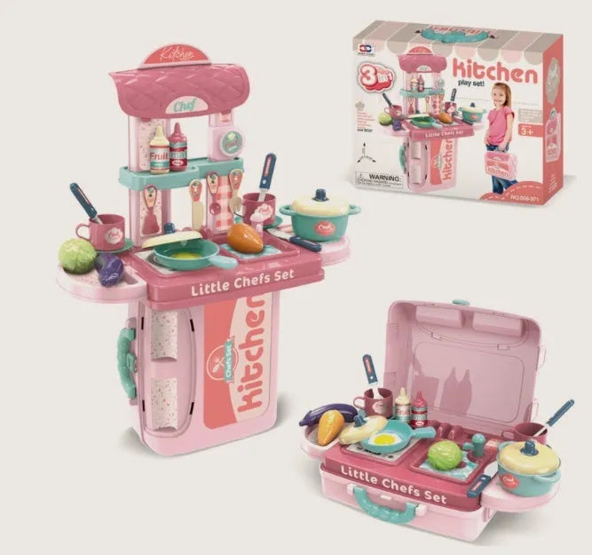 Children's plastic toy playset with doctor, makeup, tool, and kitchen themes in a colour box.