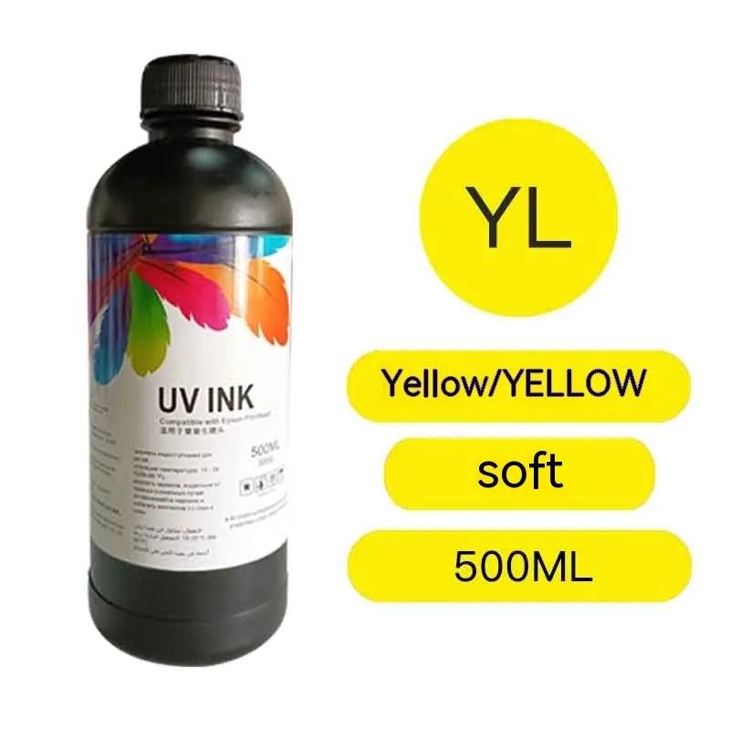 500ml bottle of Epson-compatible UV printer ink in black, cyan, magenta, yellow, light cyan, light magenta, white, and glossy colours.