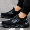 Men's Flyknit work shoes with steel toe caps in black, grey, and yellow colour options