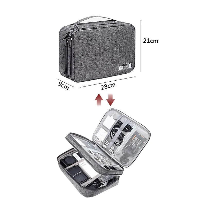 Grey waterproof electronics organiser bag with double-layer interior, handle, and zipper closure
