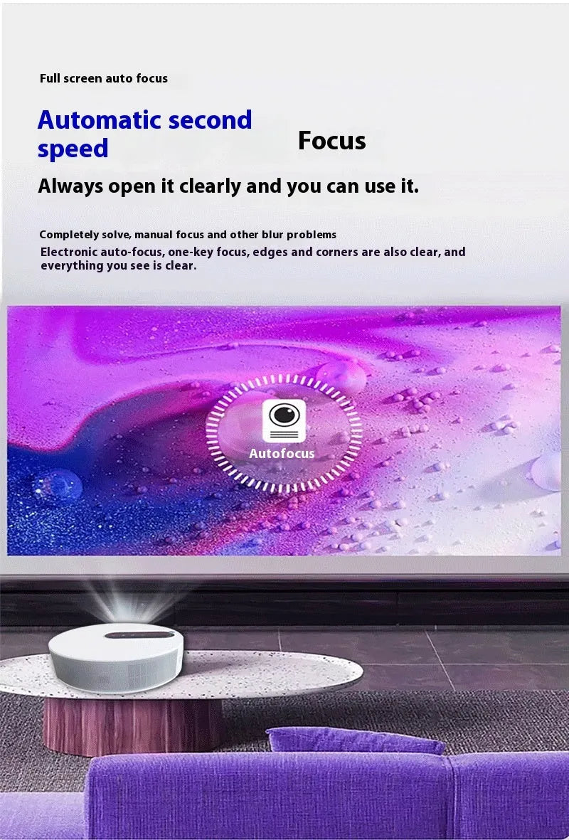 White HD home cinema projector with remote control on a table