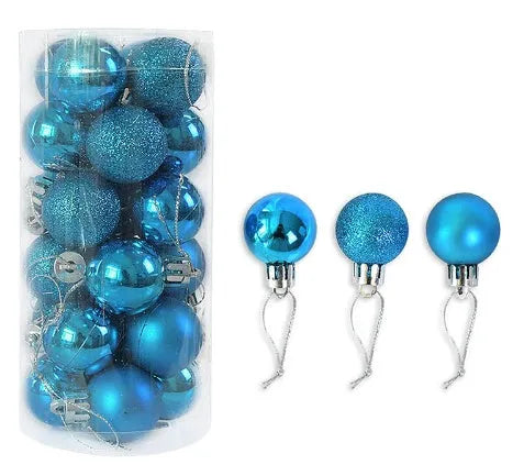 Assorted shiny red, gold, silver, and blue 3 cm Christmas baubles in a box and a storage barrel.