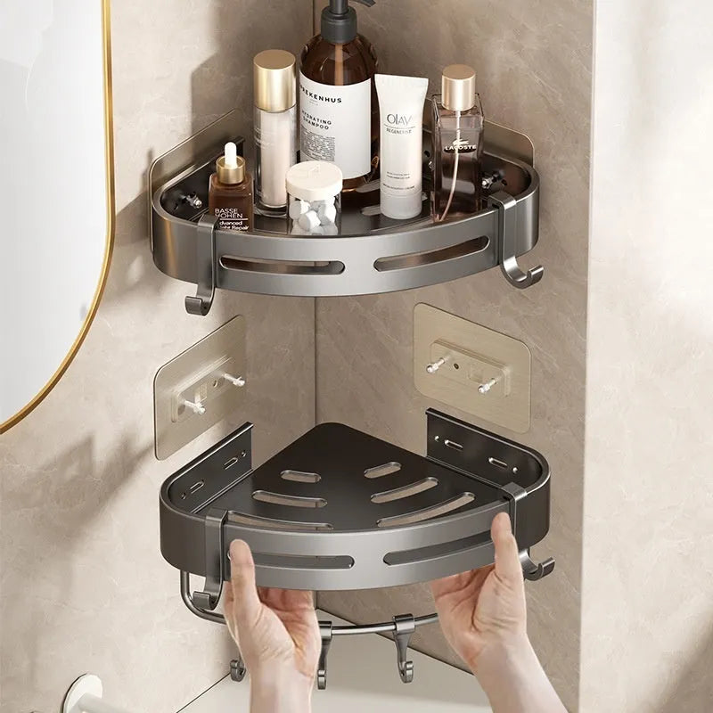 Gun gray metal triangle bathroom corner rack with punch-free wall mounting