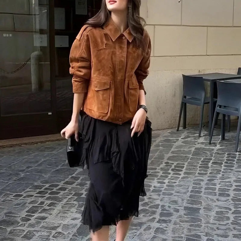 Women's bright brown polyester suede coat with regular sleeves, street chic style