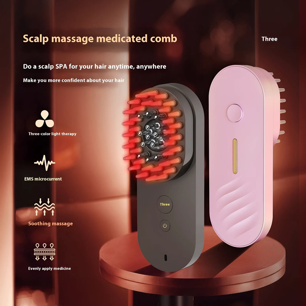 Pink and black smart massage comb with red light therapy for hair care