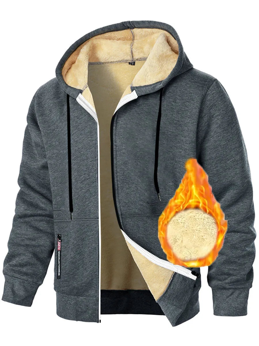 Men's cashmere hoodie thickened zipper coat in dark gray with hood, full zip, and long sleeves on a model