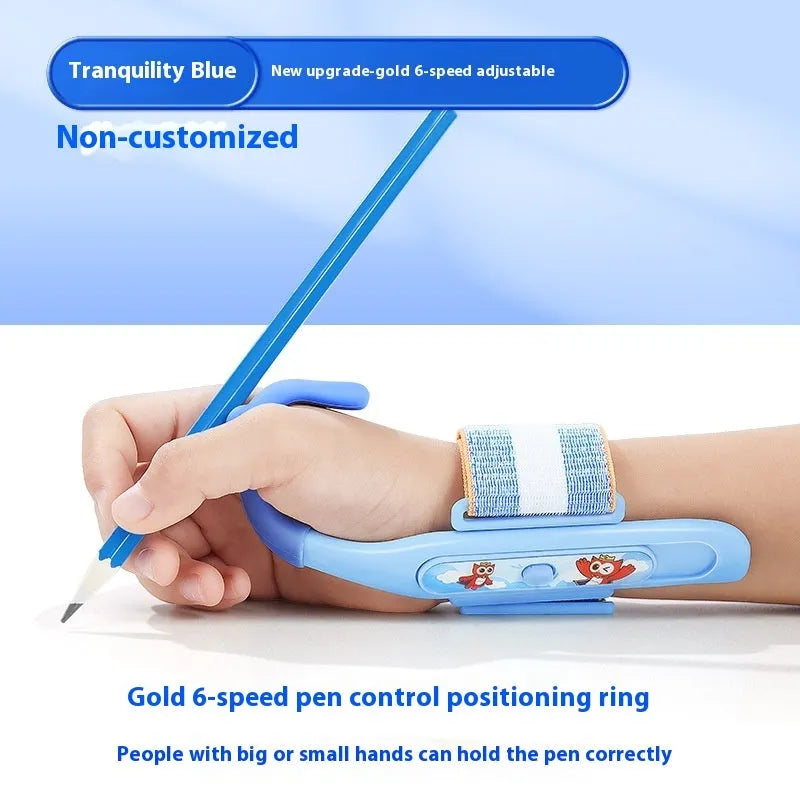 Blue anti-hook pen control corrector wrist brace on a child's hand holding a pencil.