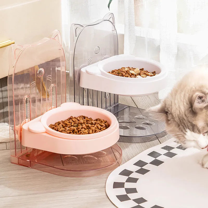 Grey pet bowl with cat ears design featuring adjustable height and anti-spill construction