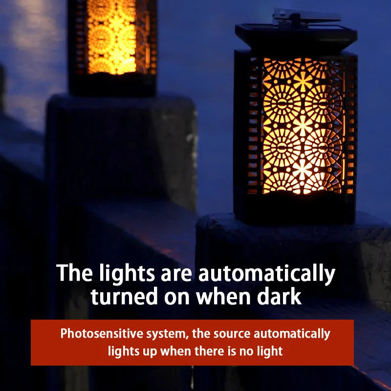 Solar-powered retro-style flame lamp for outdoor garden and patio lighting.