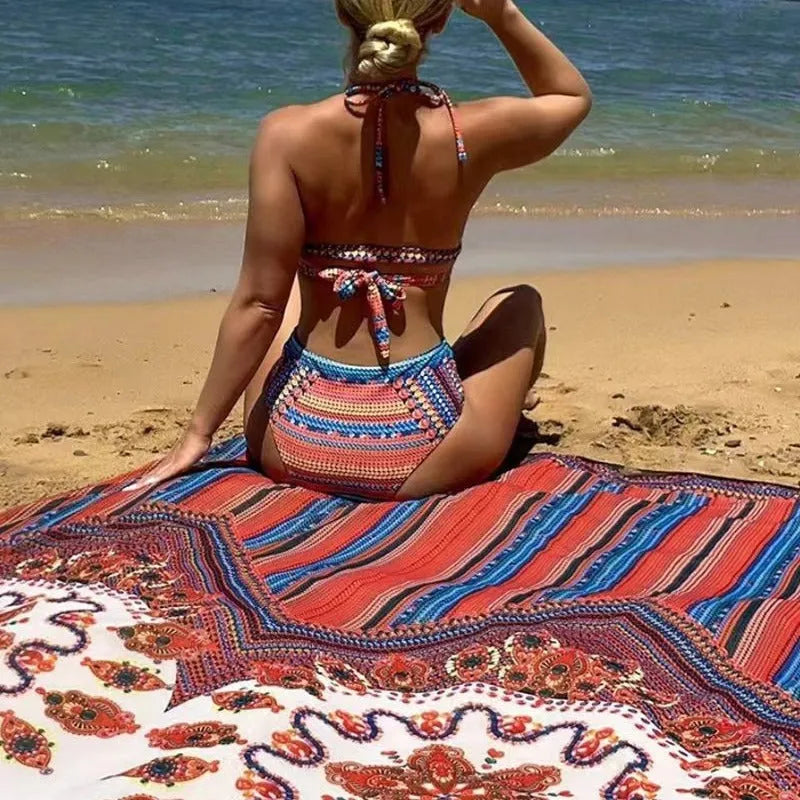 Women's three-piece swimsuit set with high-waist briefs, cutout blouse, and a coat.
