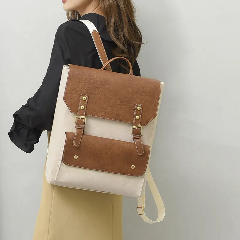 Korean style soft PU retro backpack shown in dark brown colour