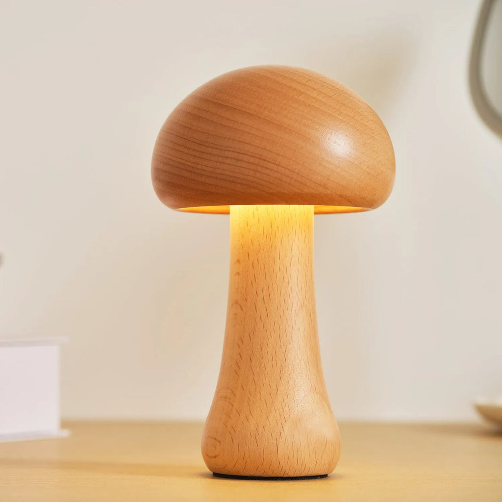 Solid wood mushroom ambience LED table lamp in natural beech colour with button switch