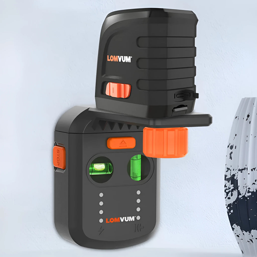Red laser level with dust collection bracket, showing compact dimensions and built-in rechargeable battery.
