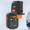 Red laser level with dust collection bracket, showing compact dimensions and built-in rechargeable battery.
