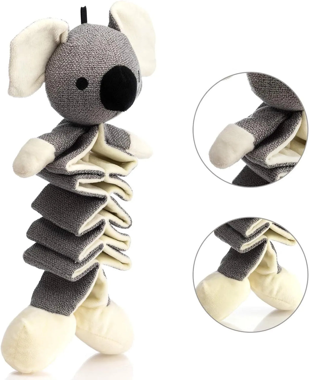 Gray koala-shaped dog toy measuring 30cm with plush limbs and squeaky crinkle paper interior.