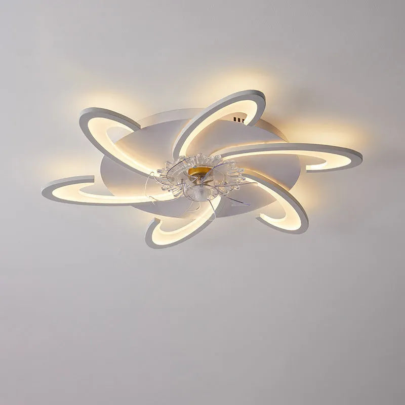 Modern white ceiling fan light with six-blade design and integrated light fitting on a room ceiling.