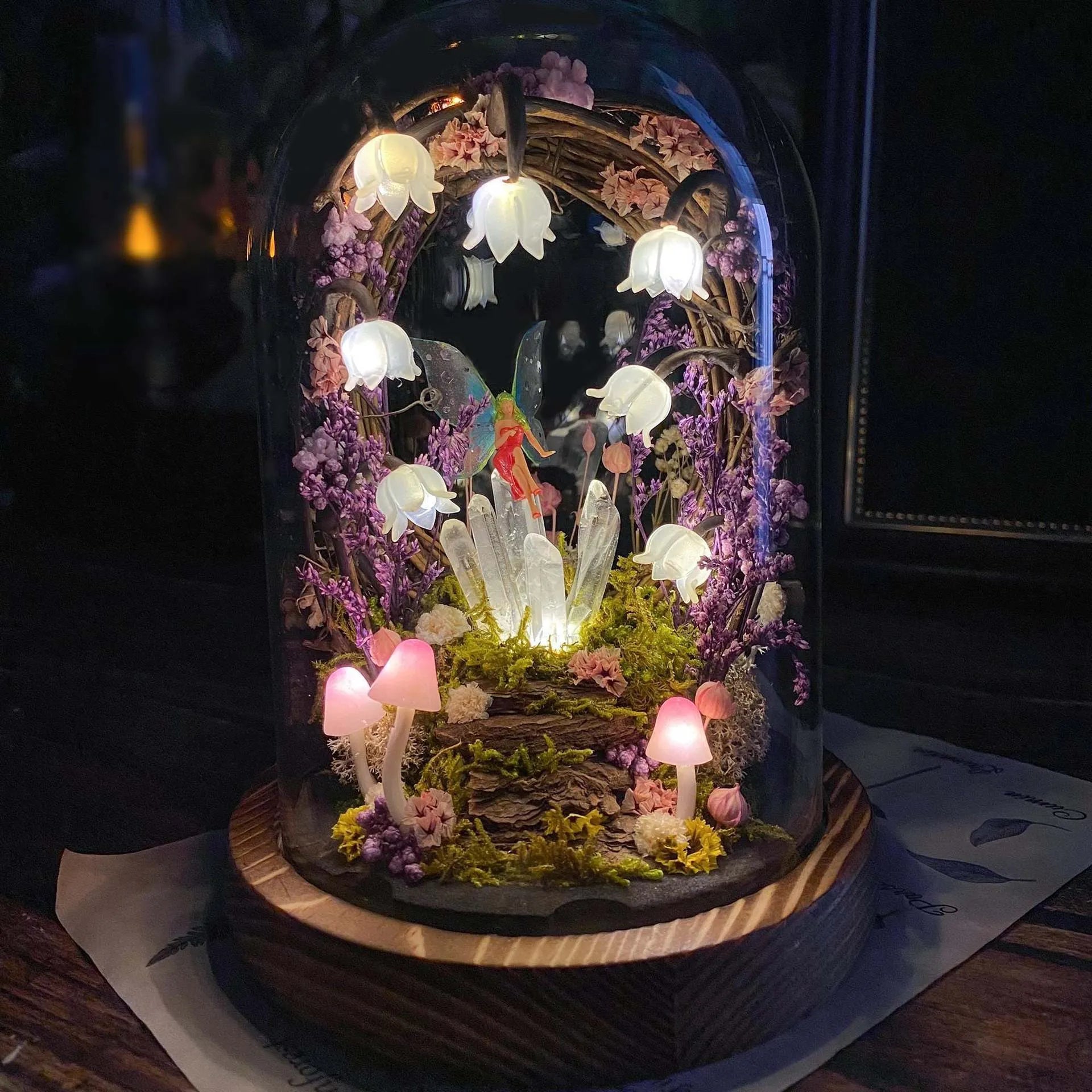 Handmade mushroom creative small night lamp with glass cover cylindrical shape, multicolour, 13x13x24cm