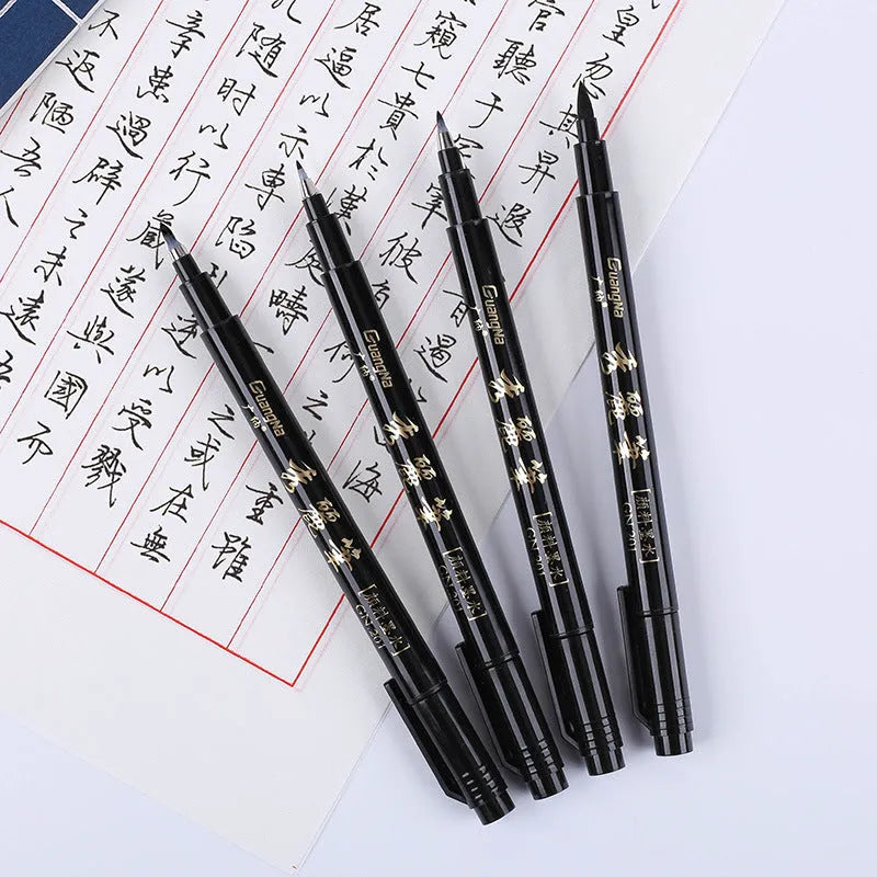 Six refillable soft brush calligraphy pens in a set with plastic barrels and environmental nibs