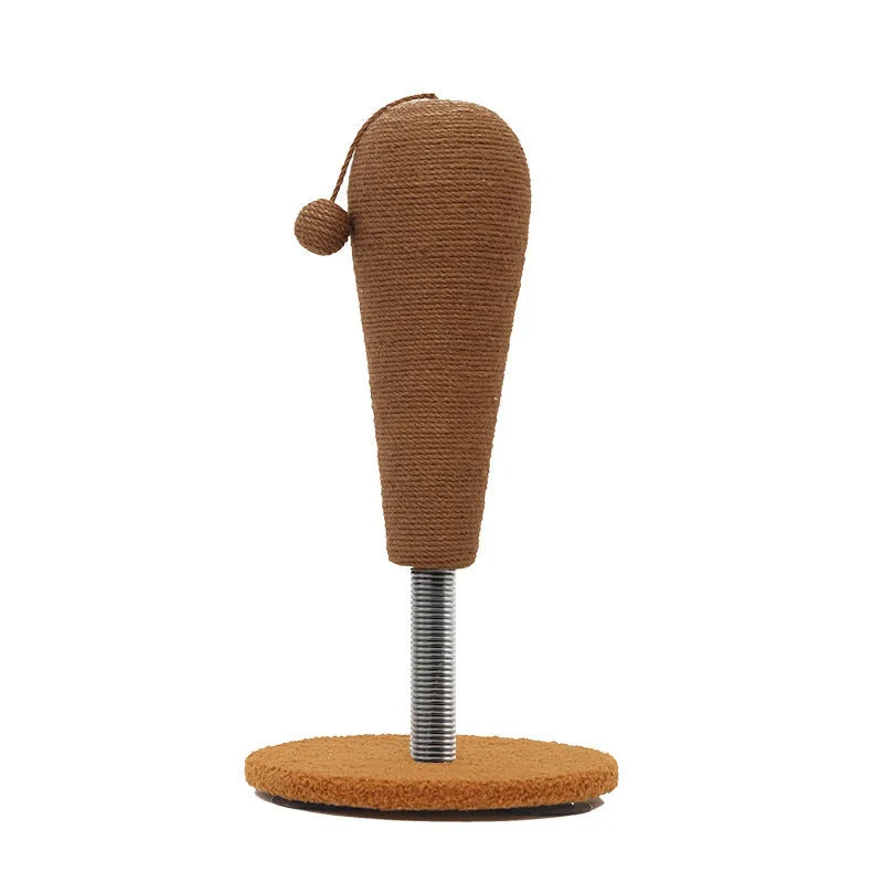 Natural hemp rope cat scratch board with attached toy ball on a wooden floor.