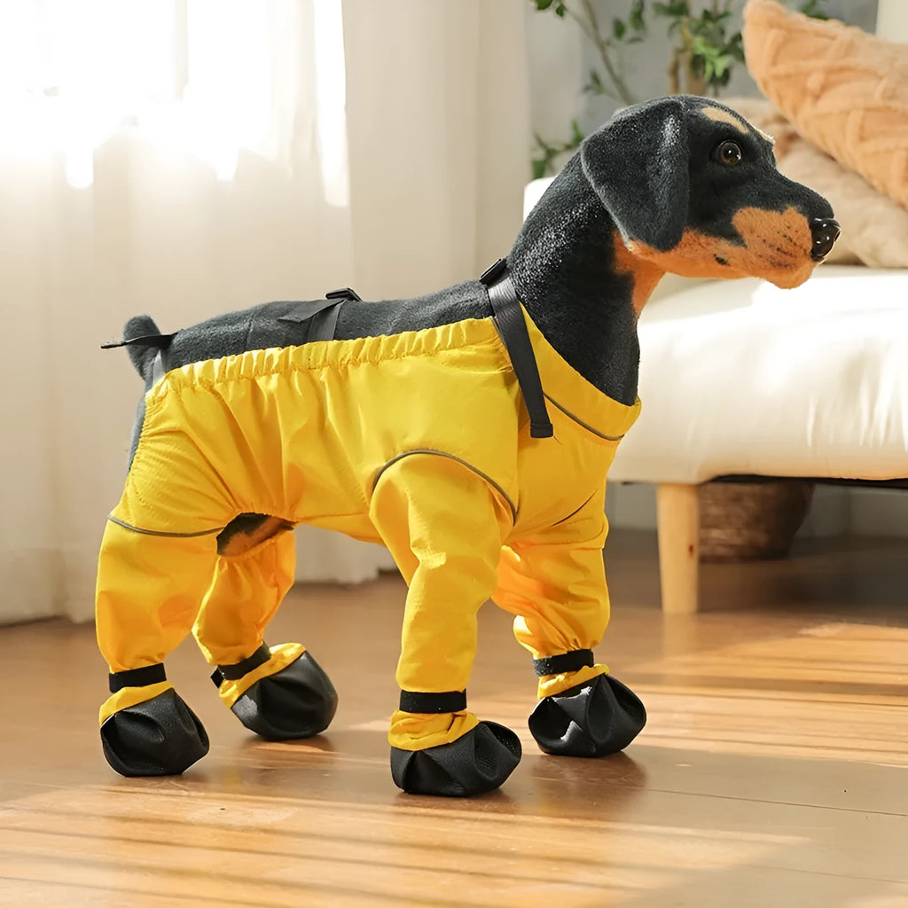Pet anti-dirty pants dog shoe cover in blue polyester, side view, casual style for outdoor use