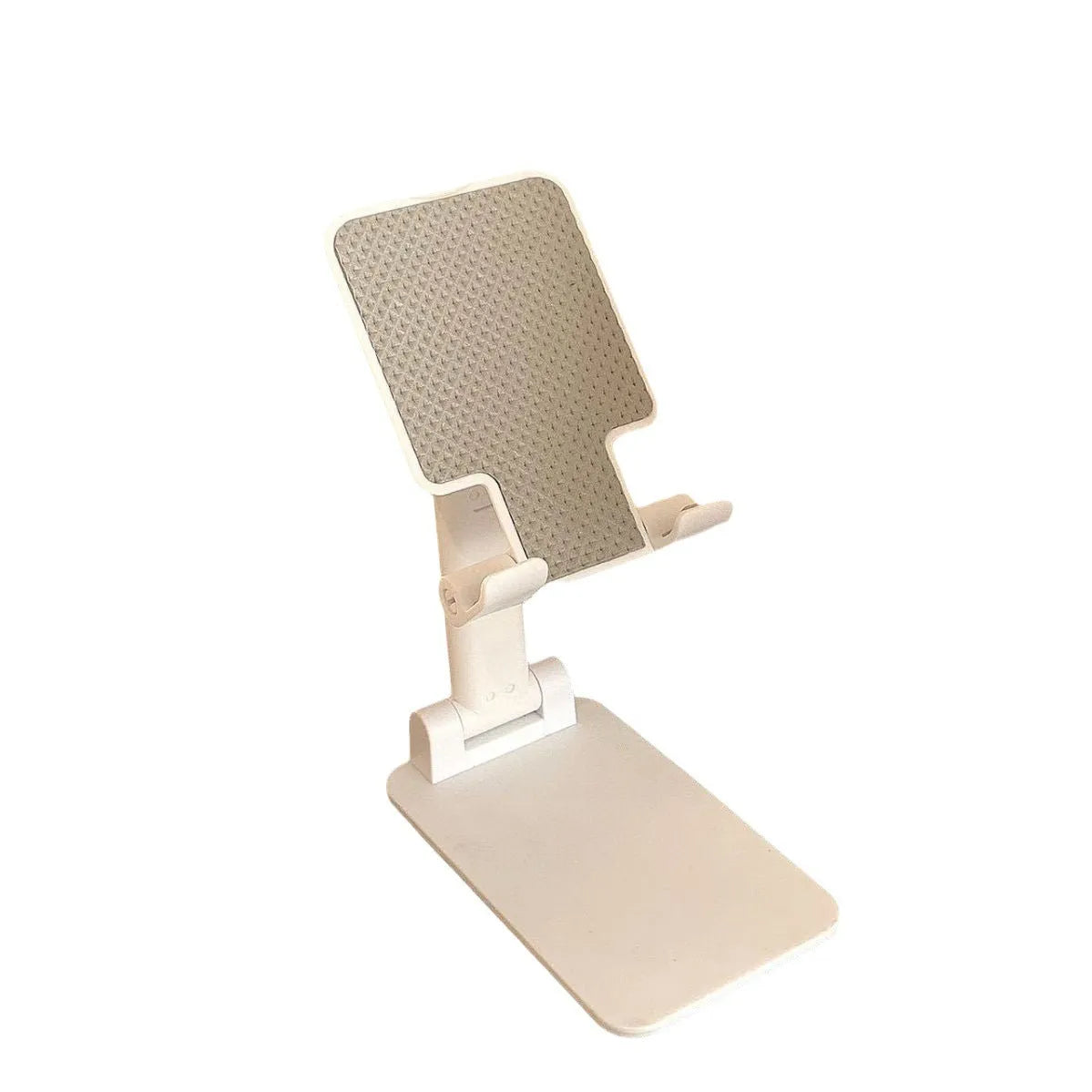 Folding plastic mobile phone stand in white, showing universal groove for hands-free viewing