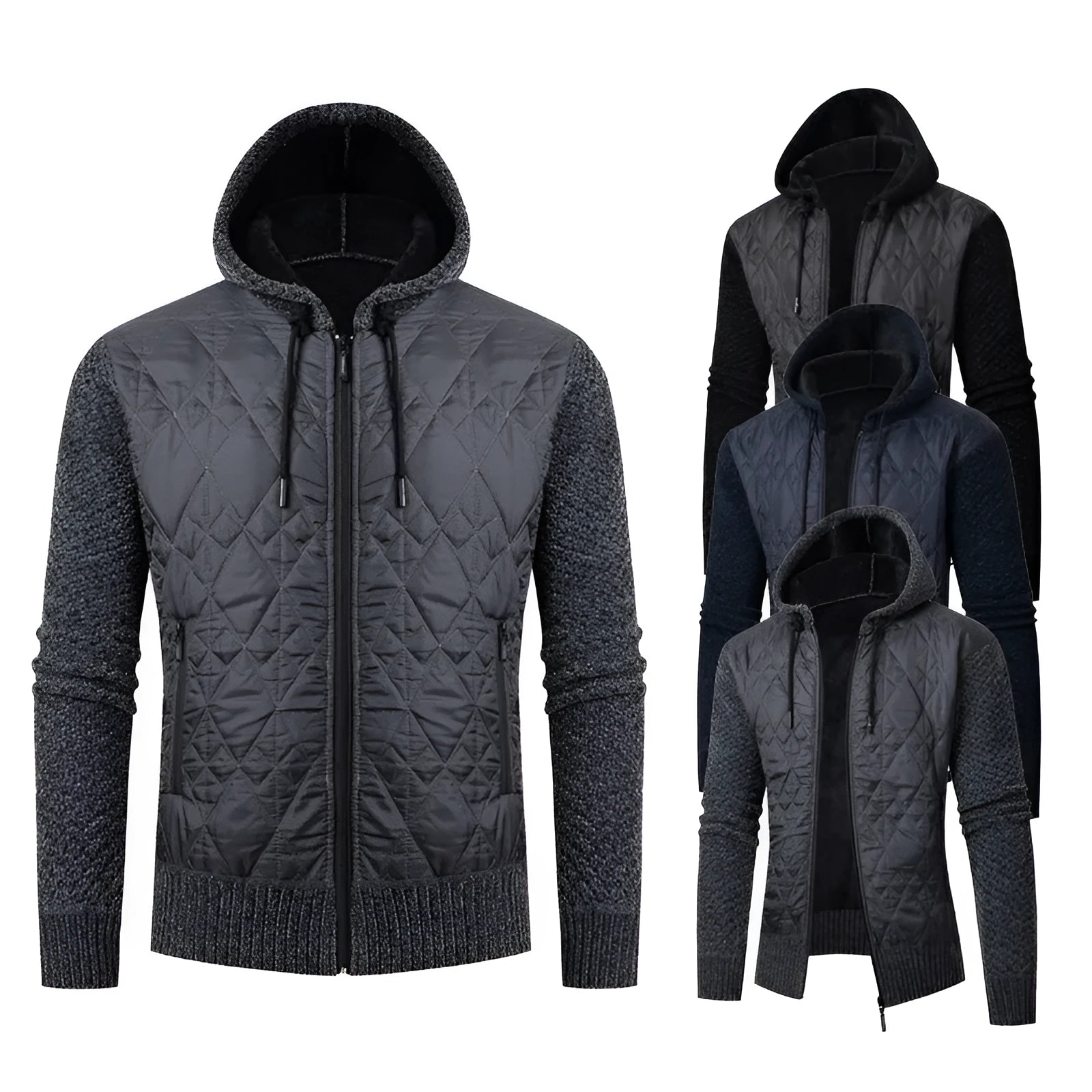 Men's grey hooded corduroy cardigan coat with a cinched waist, shown on a model.