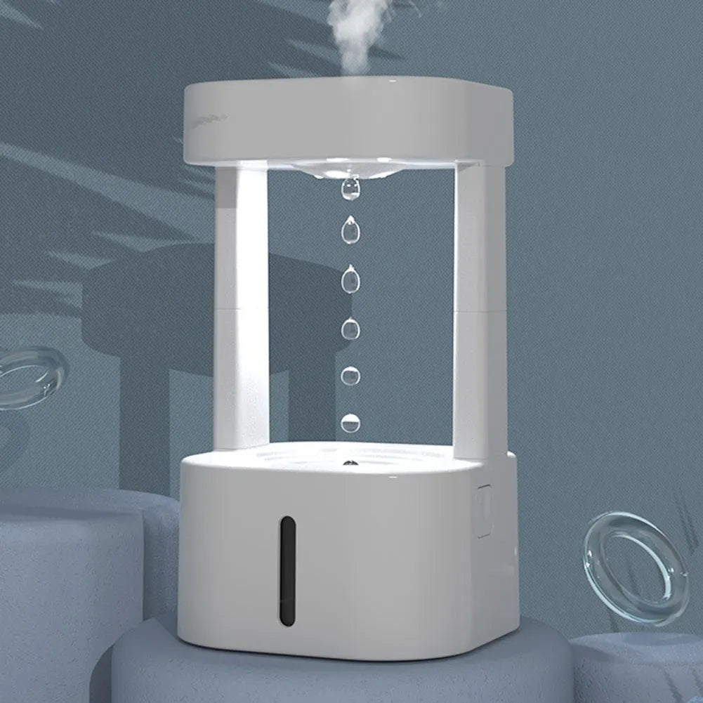 White portable humidifier with anti-gravity water droplet illusion and 580ml transparent tank