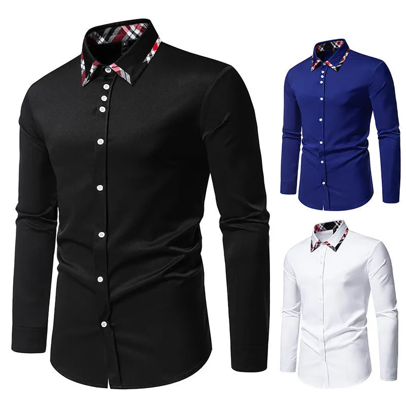 Men's plaid long sleeve shirt with a triangle collar in blue, showing contrast colour detail.