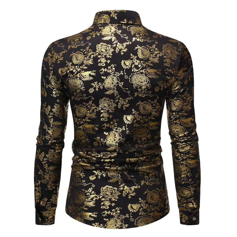 Men's casual lapel shirt with a metallic bronzed print design in an elastic polyester fabric.