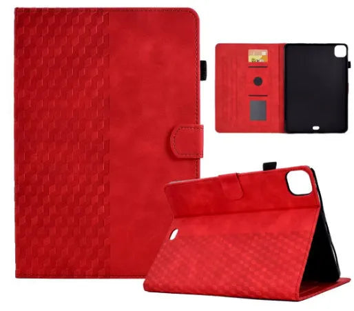 iPad Pro 11 leather case with card holder in diamond embossed pattern, showing stand function.