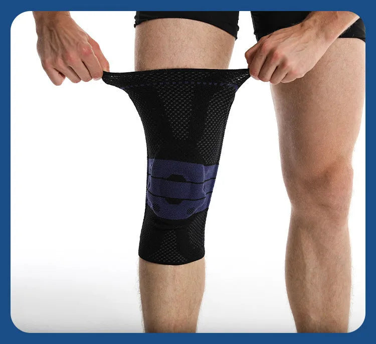 Adult sports knee pads in black and blue colour, made from nylon and spandex.