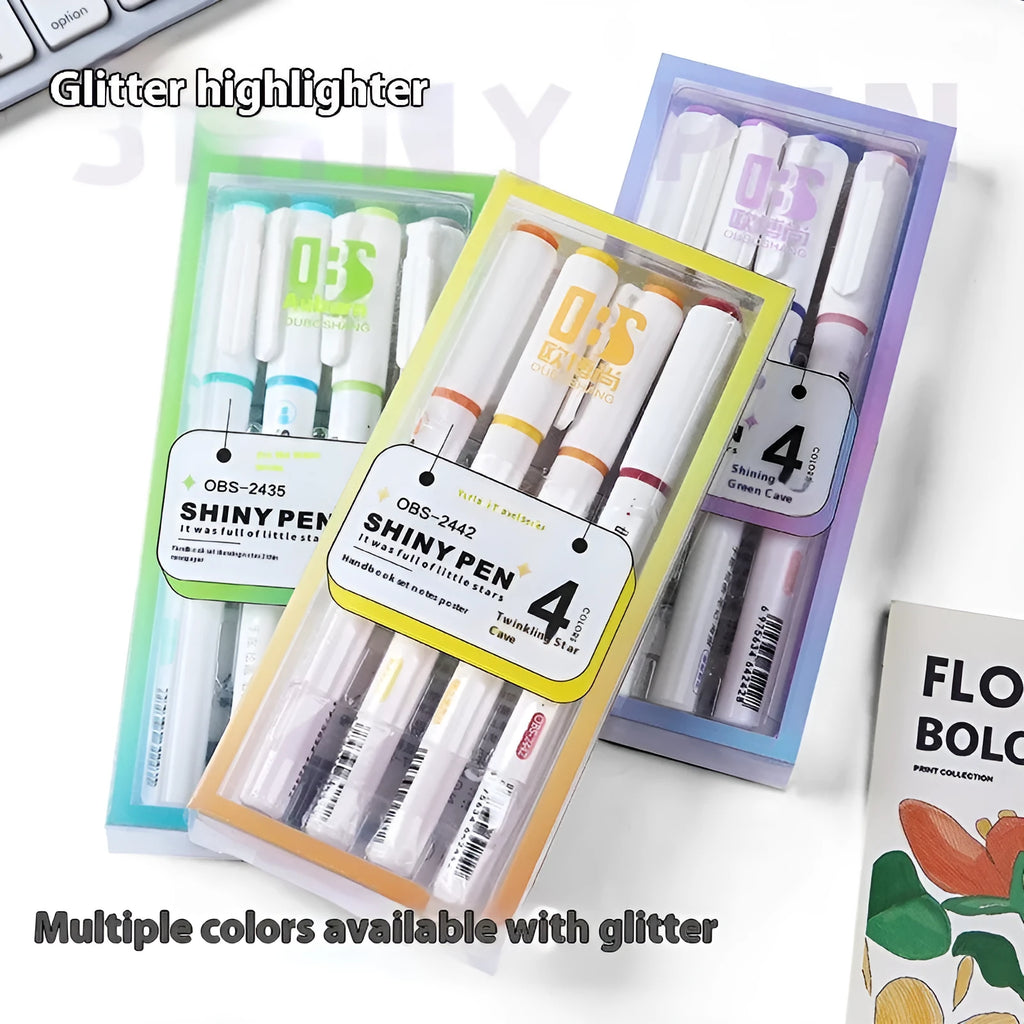 Set of four glitter highlighter pens with slanted tips in pastel colours including taro puff and peach blossom puff.