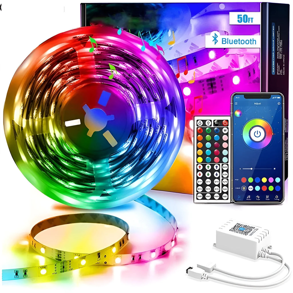 Flexible RGB LED light strip with Bluetooth remote on a 12V power supply, showing IP65 waterproof option.