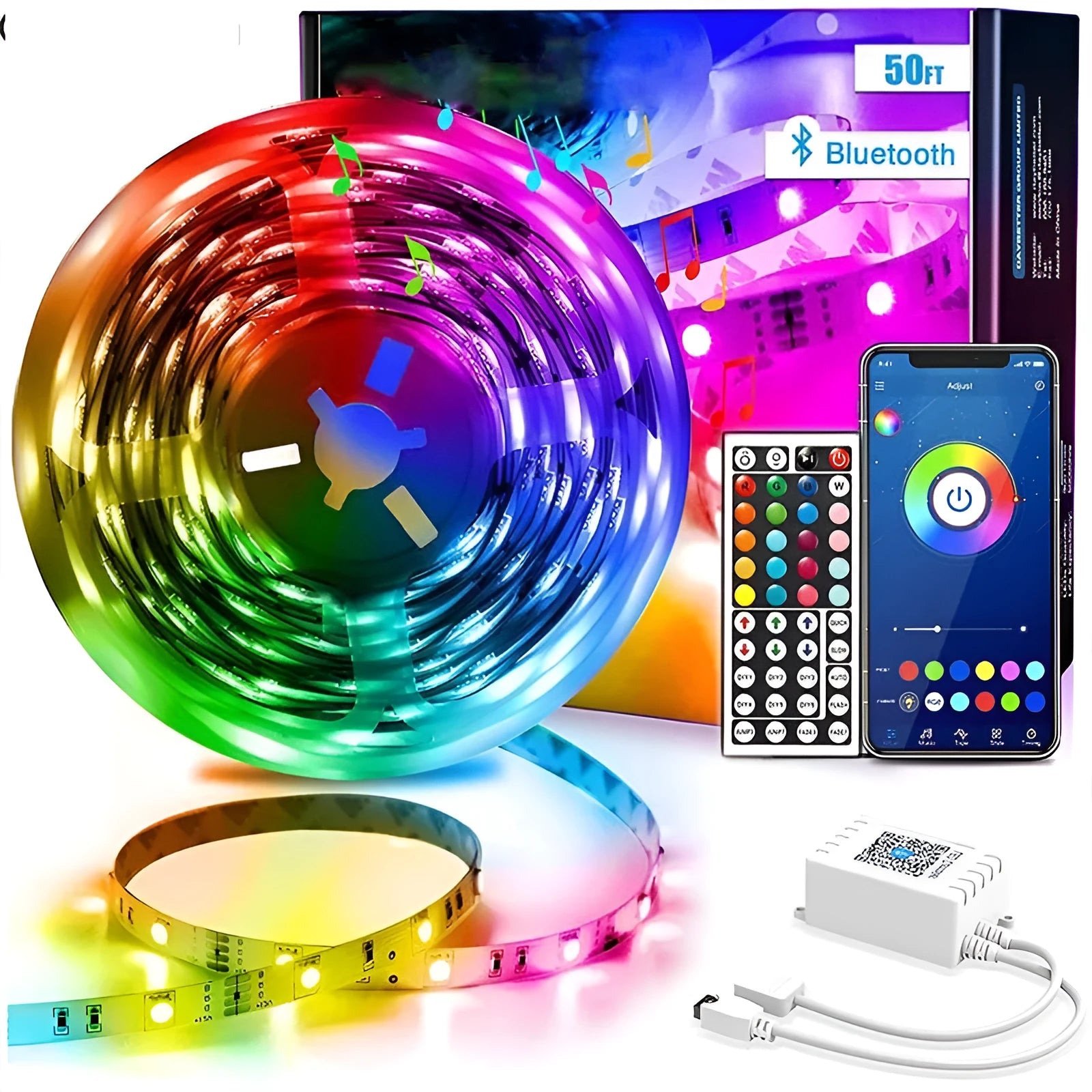 Flexible RGB LED light strip with Bluetooth remote on a 12V power supply, showing IP65 waterproof option.