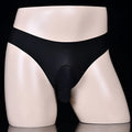 Man wearing black Ice Silk low waist briefs with an open gun egg back design.