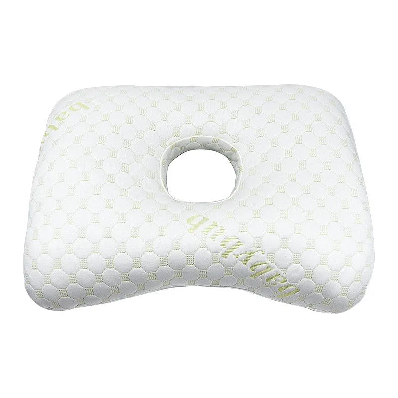 Beauty salon single hole ear pillow for adults in grey plaid pattern, showing dimensions.