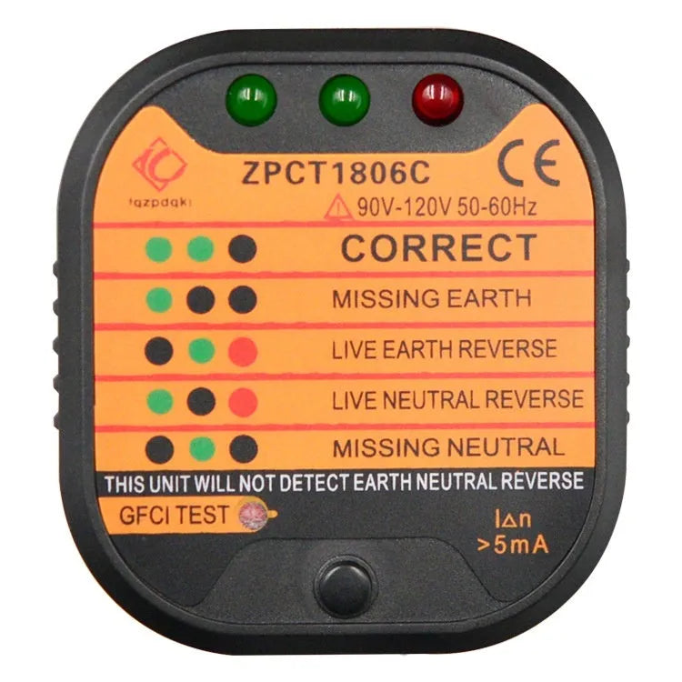 Black handheld electrical socket tester with LED lights for detecting wiring faults in UK, EU, or US outlets.
